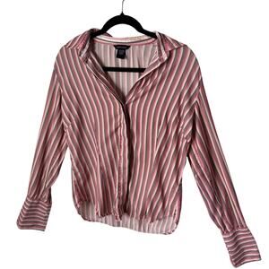 Moda International Y2K Striped Button Up Blouse Small Office Siren Stretch Top